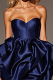Navy Sweetheart Satin A Line Corset Short Prom Dress with Ruffles