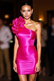 Fuchsia Floral Satin Bodycon Mini Prom Dress