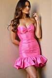 Fuchsia Strapless Satin Bodycon Ruffled Short Prom Dress