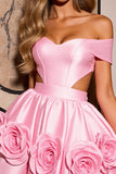Pink Floral Satin Corset A Line Cut Out Short Prom Dress