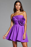 A Line Purple Floral Strapless Short Prom Dress