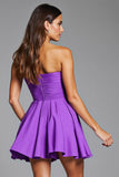 A Line Purple Floral Strapless Short Prom Dress