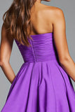 A Line Purple Floral Strapless Short Prom Dress