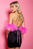 Black Satin Bodycon V Neck Mini Prom Dress with Feathers