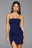 Bodycon Navy Satin Strapless Mini Prom Dress with Slit