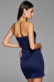 Bodycon Navy Satin Strapless Mini Prom Dress with Slit