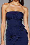 Bodycon Navy Satin Strapless Mini Prom Dress with Slit