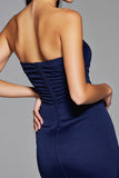 Bodycon Navy Satin Strapless Mini Prom Dress with Slit