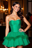 Dark Green Corset A Line Short Prom Dress with Feathers