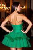 Dark Green Corset A Line Short Prom Dress with Feathers