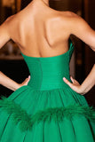 Dark Green Corset A Line Short Prom Dress with Feathers