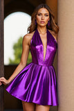 Dark Purple Corset Halter Satin Short Prom Dress with Sequins