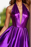 Dark Purple Corset Halter Satin Short Prom Dress with Sequins