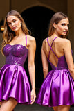 Sparkly Dark Purple Halter Satin Short Prom Dress with Sequins