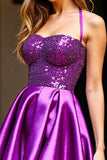 Sparkly Dark Purple Halter Satin Short Prom Dress with Sequins