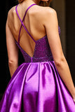 Sparkly Dark Purple Halter Satin Short Prom Dress with Sequins
