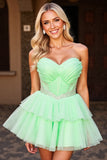 Sparkly Green Corset A Line Tulle Short Prom Dress with Beading
