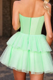 Sparkly Green Corset A Line Tulle Short Prom Dress with Beading
