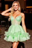 Sparkly Green Corset Beaded Corset Short Prom Dress with Ruffles