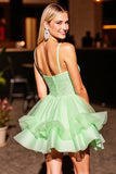 Sparkly Green Corset Beaded Corset Short Prom Dress with Ruffles