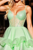 Sparkly Green Corset Beaded Corset Short Prom Dress with Ruffles