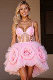 Pink Floral Tulle Corset Cut Out Short Prom Dress