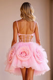 Pink Floral Tulle Corset Cut Out Short Prom Dress