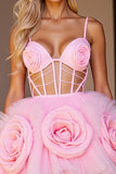 Pink Floral Tulle Corset Cut Out Short Prom Dress