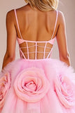 Pink Floral Tulle Corset Cut Out Short Prom Dress