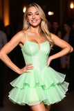 Sparkly Green Tulle Ruffled Corset Short Prom Dress