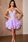 Sparkly Lilac Tulle Corset Short Ruffled Prom Dress with Sequins