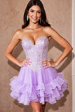 Sparkly Lilac Tulle Corset Short Ruffled Prom Dress with Sequins