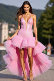 Sparkly Pink Corset Tulle High-Low Ruffled Prom Dress with Sequin