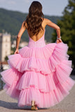 Sparkly Pink Corset Tulle High-Low Ruffled Prom Dress with Sequin