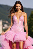 Sparkly Pink Corset Tulle High-Low Ruffled Prom Dress with Sequin
