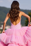Sparkly Pink Corset Tulle High-Low Ruffled Prom Dress with Sequin