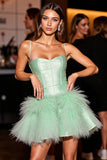 Green Corset A Line Short Satin Prom Dress with Feathers