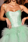 Green Corset A Line Short Satin Prom Dress with Feathers