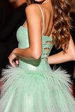 Green Corset A Line Short Satin Prom Dress with Feathers