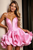 Pink Satin A Line Corset Short Prom Dress with Ruffles