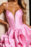 Pink Satin A Line Corset Short Prom Dress with Ruffles