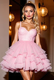 Sparkly Beaded Pink Tulle Short Ruffled Prom Dress