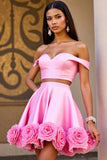 Pink Satin 2 Piece Floral Short Prom Dress