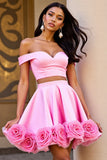 Pink Satin 2 Piece Floral Short Prom Dress