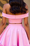 Pink Satin 2 Piece Floral Short Prom Dress