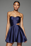 Navy A Line Cut Out Satin Short Prom Dress
