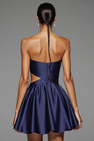 Navy A Line Cut Out Satin Short Prom Dress