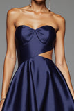 Navy A Line Cut Out Satin Short Prom Dress