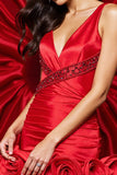 Red Floral Bodycon Satin Short Prom Dress with Beading
