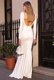 White Sheath Satin Corset Maxi Formal Dress with Long Sleeves